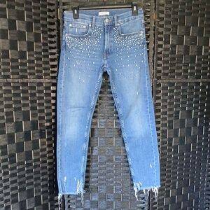 Zara Woman Straight Leg Pearl Embellished Raw Hem Distressed Denim Jeans SZ 2